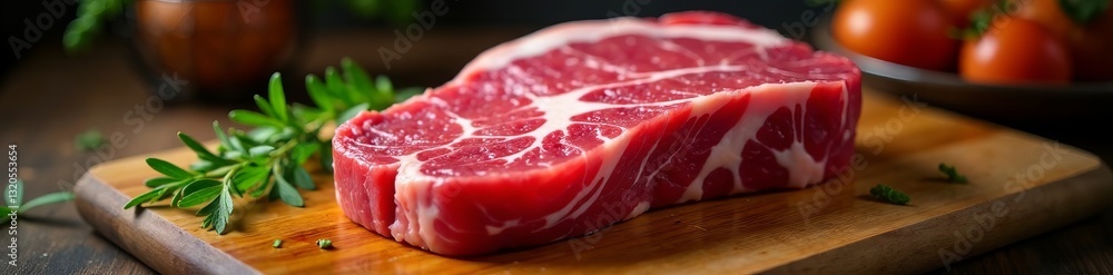 Raw tender steak with marbling on wooden cutting board, steak, grill, kitchen Raw tender steak with marbling on wooden cutting board, steak, grill, kitchen