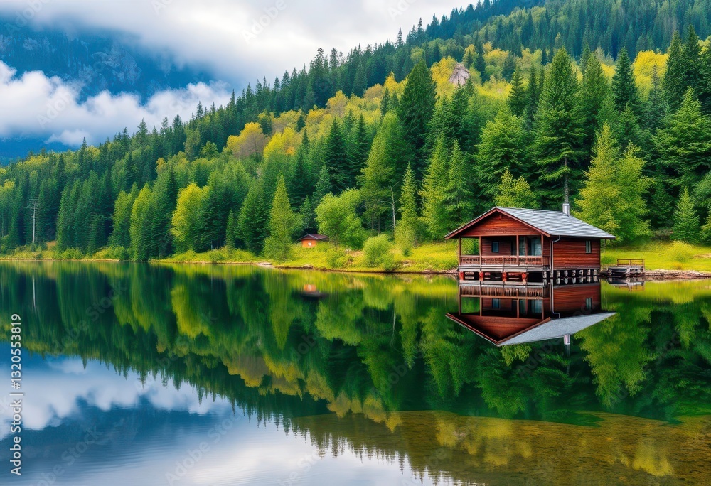 Tranquil lakeside cabin, soft blues and greens mirrored in still water, tranquil, evening Tranquil lakeside cabin, soft blues and greens mirrored in still water, tranquil, evening
