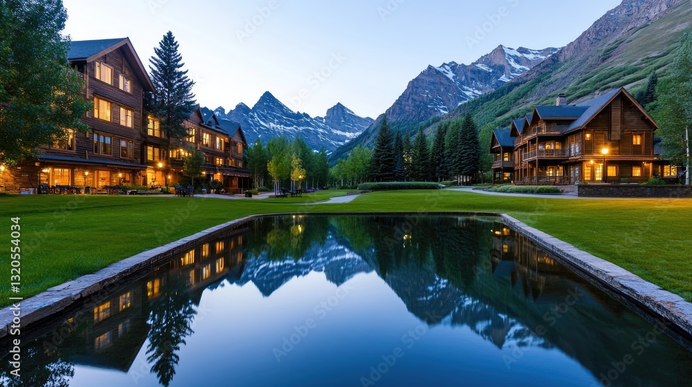 Fototapeta premium Serene mountain retreat luxury lodging colorado landscape photography evening twilight tranquil reflections