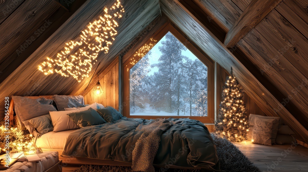 Cozy Attic Bedroom with Festive Decorations: Capture the enchanting allure of a warm, inviting attic bedroom, adorned with delicate string lights, a small Christmas tree. Cozy Attic Bedroom with Festive Decorations: Capture the enchanting allure of a warm, inviting attic bedroom, adorned with delicate string lights, a small Christmas tree.