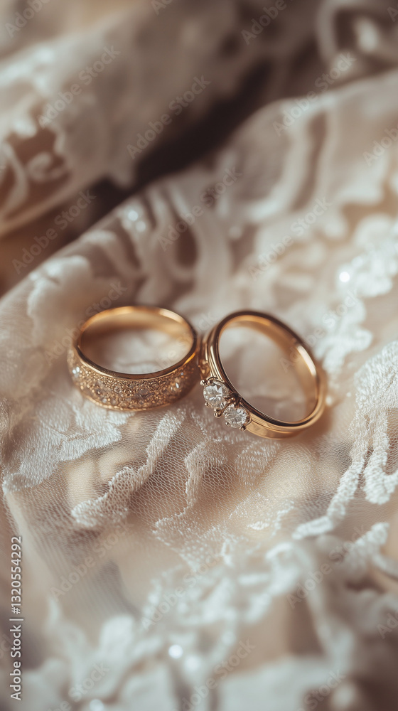 A couple's matching rings, placed on a lace fabric background, Valentine's decor A couple's matching rings, placed on a lace fabric background, Valentine's decor