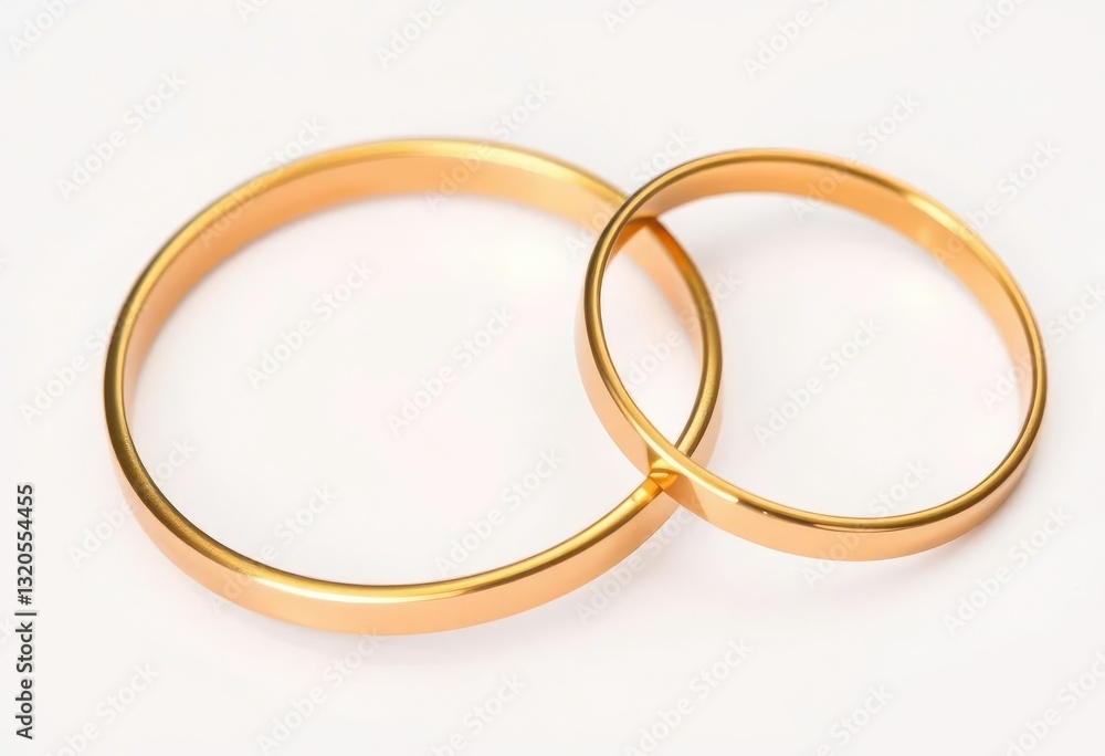 Two thin gold rings, subtly overlapping, on a pure white backdrop, rings, shapes Two thin gold rings, subtly overlapping, on a pure white backdrop, rings, shapes