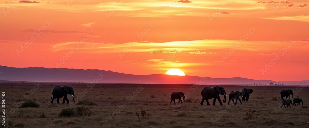 Vast desert expanse meets vibrant sunset, silhouetted elephants graze on savannah, savannah, African plains Vast desert expanse meets vibrant sunset, silhouetted elephants graze on savannah, savannah, African plains