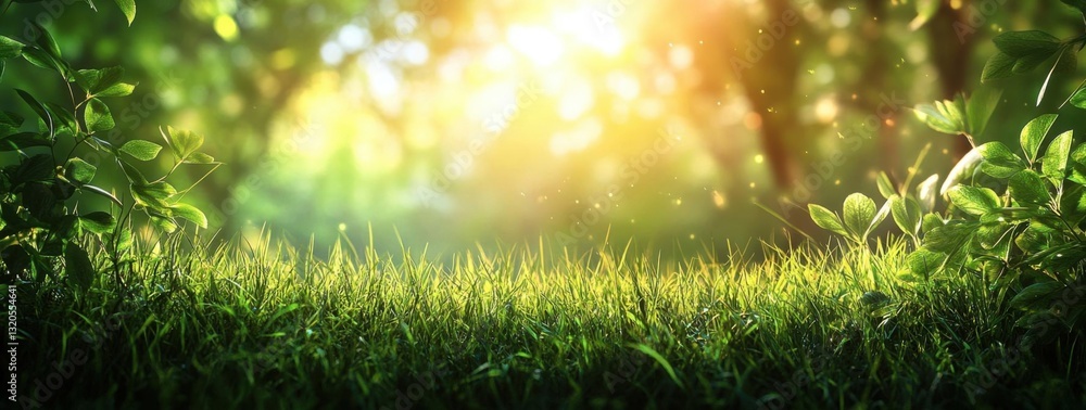Naklejka premium Sunny spring meadow with bright green grass bathed in soft, natural sunlight