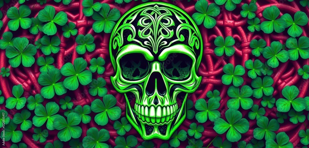Vibrant Celtic skull, shamrocks, intricate knotwork, St Patrick's Day celebration, ancient, wallpaper Vibrant Celtic skull, shamrocks, intricate knotwork, St Patrick's Day celebration, ancient, wallpaper