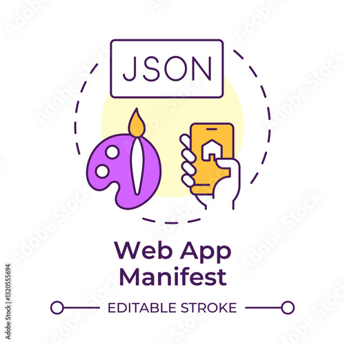 Web app manifest multi color concept icon. JSON file providing metadata for application. Component of PWAs. Round shape line illustration. Abstract idea. Graphic design. Easy to use in presentation