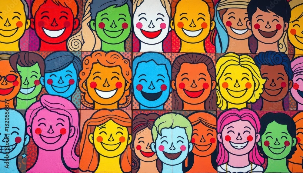 Vibrant mural of smiling faces in diverse colors and styles, faces, street Vibrant mural of smiling faces in diverse colors and styles, faces, street