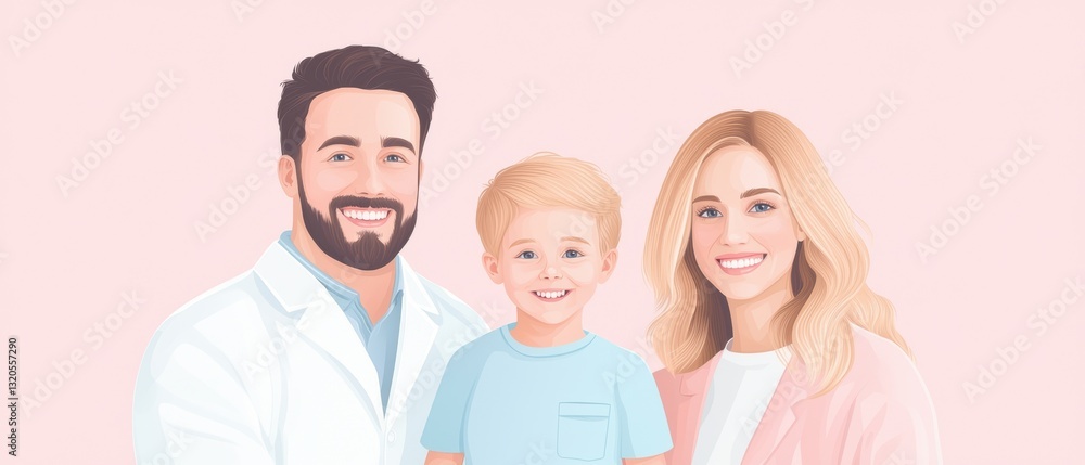 A smiling family portrait featuring a man in a lab coat, a woman, and a young boy against a soft pink background. A smiling family portrait featuring a man in a lab coat, a woman, and a young boy against a soft pink background.