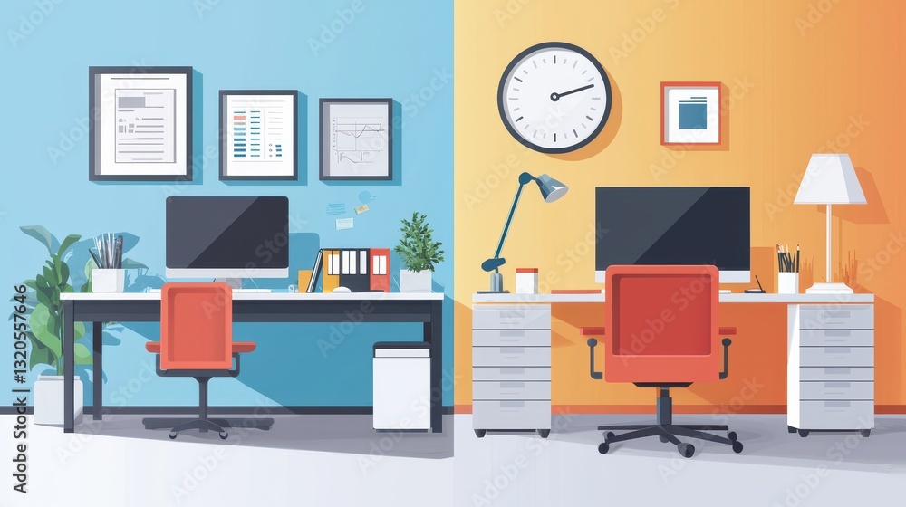 A time-lapse image of an office workflow showcasing a desk with a clock and a comfortable chair for productivity A time-lapse image of an office workflow showcasing a desk with a clock and a comfortable chair for productivity