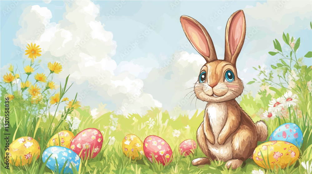 Fototapeta premium Vector illustration, of cartoon Bunny with Easter eggs on flowering meadow