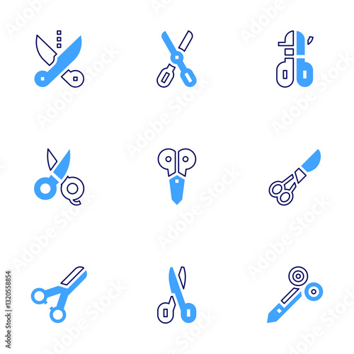 Scissors icon set. Bold line style. Duotone colors. Editable stroke. scissors, beauty, duck billed scissors