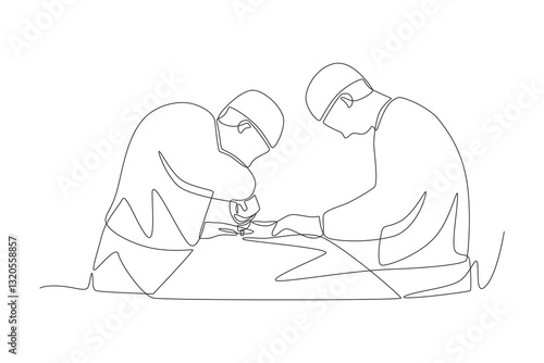 Two doctors operating on a patient. Surgery concept one-line drawing