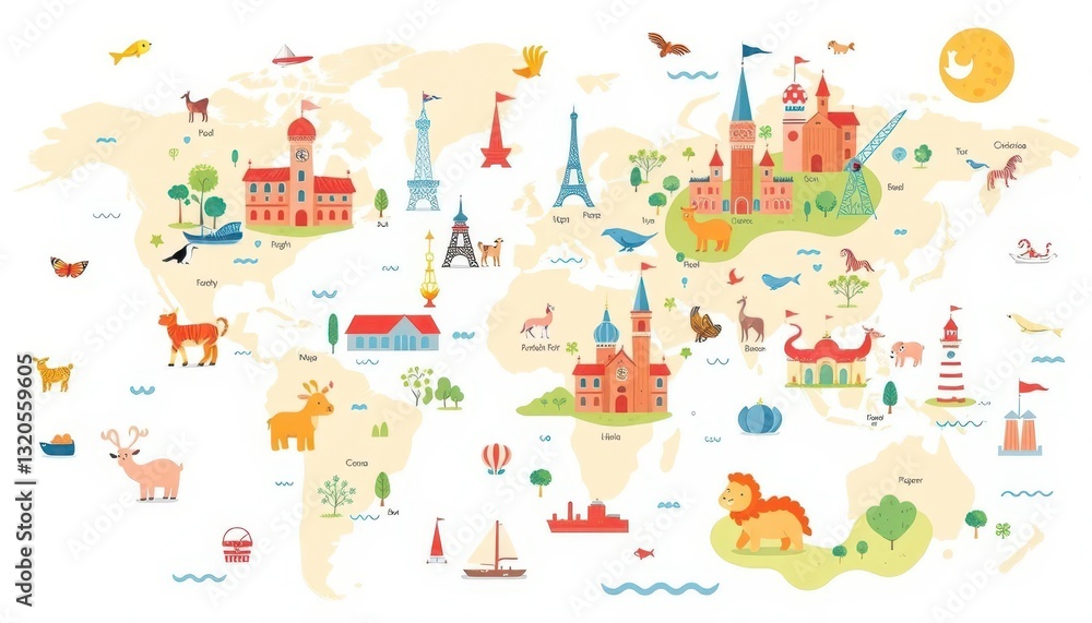 Fototapeta premium Whimsical map illustration featuring cute animals & iconic landmarks, playful style, monkey, tree