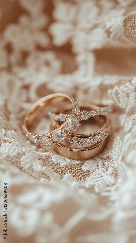 Obraz premium A couple's matching rings, placed on a lace fabric background, Valentine's decor