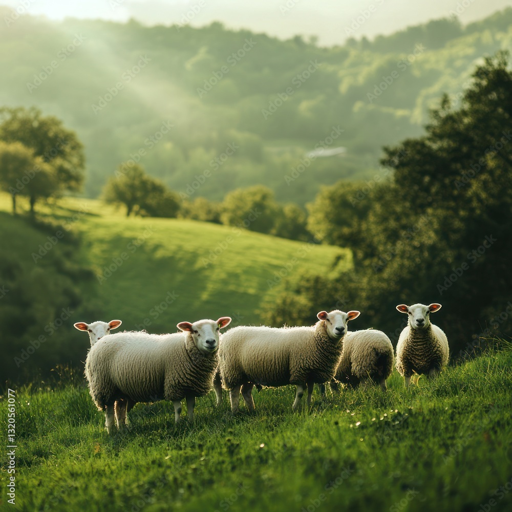 Fototapeta premium Group of sheep on green field