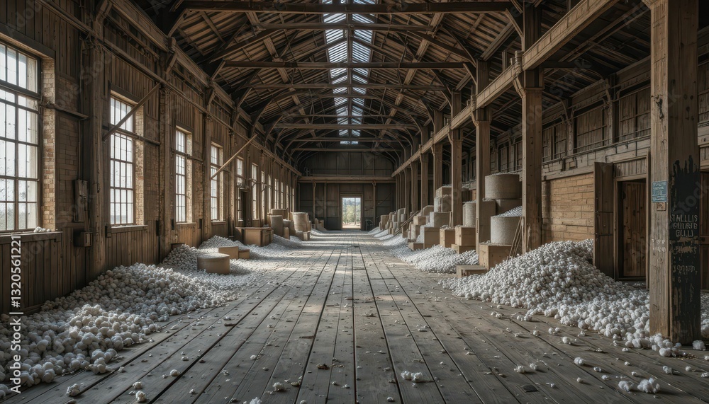Expansive Interior of an Abandoned Warehouse with Cotton Bales Expansive Interior of an Abandoned Warehouse with Cotton Bales