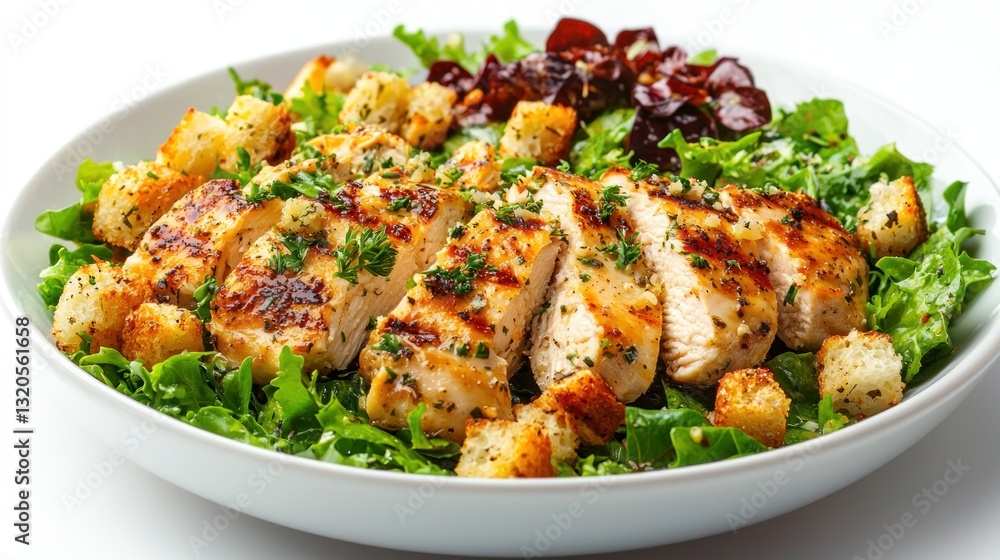 Sliced grilled chicken salad with croutons served in a bowl Sliced grilled chicken salad with croutons served in a bowl