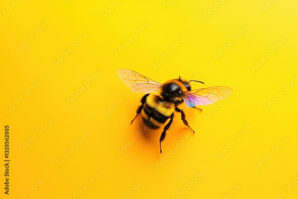 A bumblebee flying with its colorful wings against a yellow background A bumblebee flying with its colorful wings against a yellow background