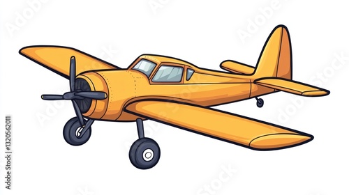 Yellow airplane flying, clear sky background; aviation illustration