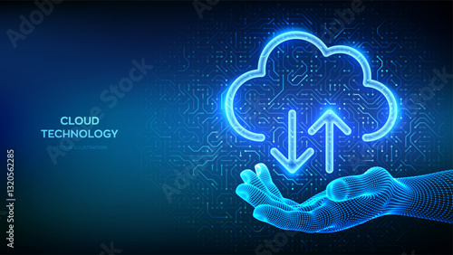 Cloud computing service. Cloud icon in wireframe hand. Secure Cloud Storage. Database storage, Data center. Upload download app. Circuit board pattern. PCB printed circuit texture. Vector illustration