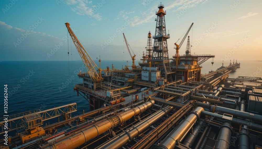 Fototapeta premium Industrial Oil Rig in Ocean at Sunset with Machinery and Cranes