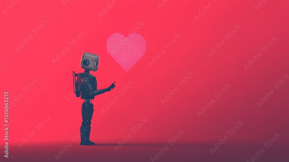 Cute robot holding heart symbol on vibrant pink background, expressing affection and technology merging with emotions in a playful art style Cute robot holding heart symbol on vibrant pink background, expressing affection and technology merging with emotions in a playful art style