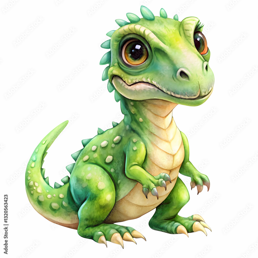 Obraz premium A baby Iguanodon Dinosaur: a charming illustration of a cute, friendly green dinosaur with big eyes and a playful posture, full of fantasy and wonder.