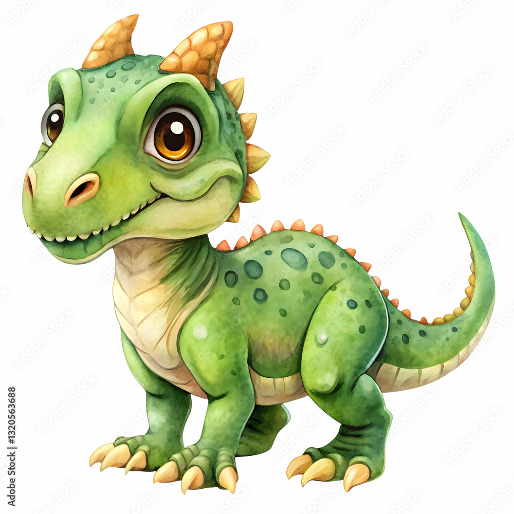 Fototapeta premium A baby Ceratosaurus Dinosaur: An adorable green dragon with big, expressive eyes and friendly demeanor stands, evoking a sense of playful imagination and wonder. 