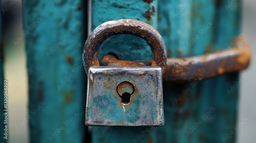 Rusty Lock on Green Painted Metal, Close-Up. Weathered Metal Texture, Security Concept.