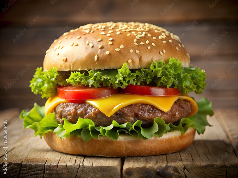 Delicious cheeseburger with lettuce and sesame seed bun ready to be enjoyed Delicious cheeseburger with lettuce and sesame seed bun ready to be enjoyed