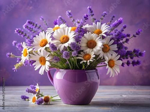 Lavender and chamomile flowers in purple vase on lavender background