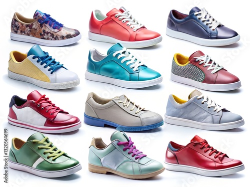 Different stylish sneakers on white background, set