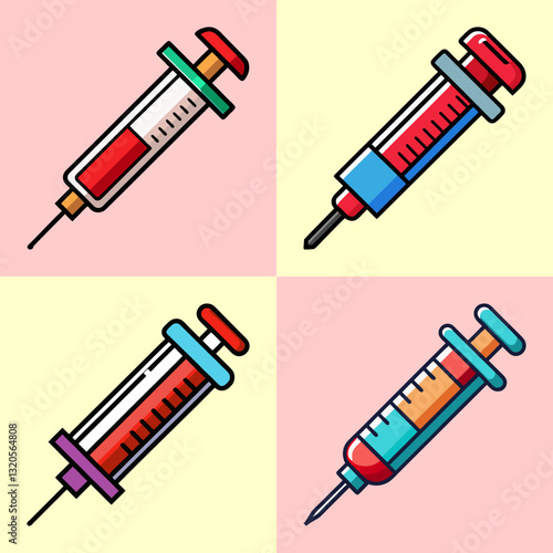 Colorful Syringe Icons – Vector Set - A detailed collection of four syringe icons in a modern, flat design with bold outlines and vibrant colors. 