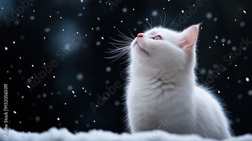 White cat gazes at falling snowflakes in a serene winter landscape at dusk