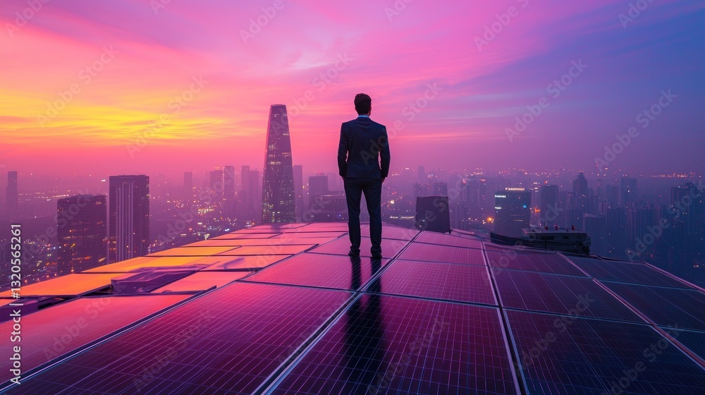 A Business Professional Standing Overlooking the Urban Cityscape Sunset A Business Professional Standing Overlooking the Urban Cityscape Sunset