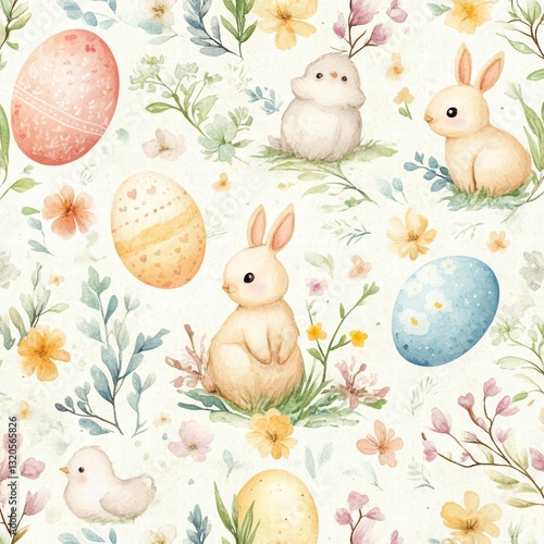 Easter Delight: Whimsical Easter-themed illustration, featuring adorable bunnies, colorful eggs, delicate flowers, and lush greenery, perfect for spring celebrations.