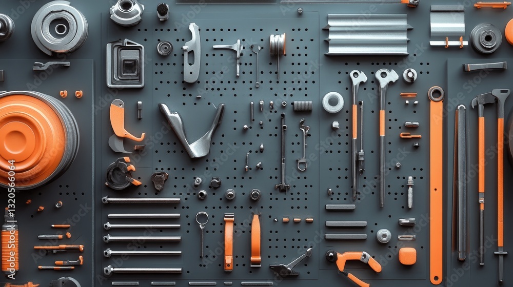 Fototapeta premium Organized Set of Various Tools and Parts on Pegboard DIY, Repair, Engineering Concept.