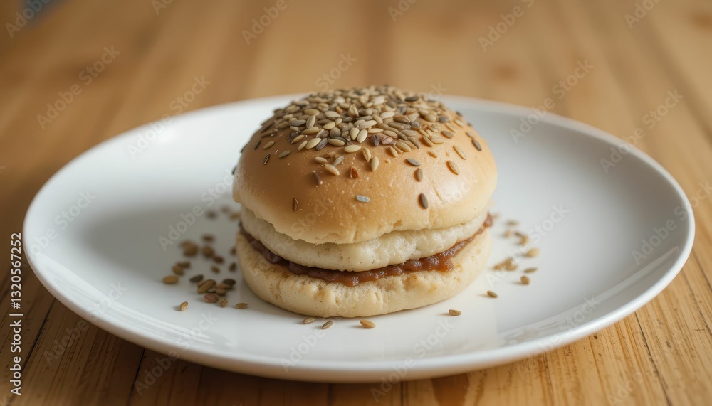 Soft bun with sesame seeds on wooden surface plate Soft bun with sesame seeds on wooden surface plate