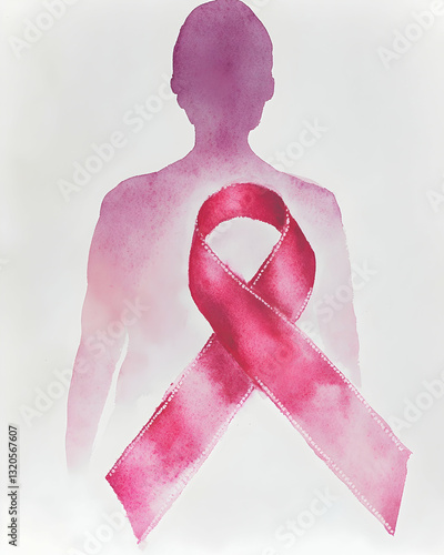 Watercolor painting of a pink ribbon for cancer awareness with a woman's silhouette.