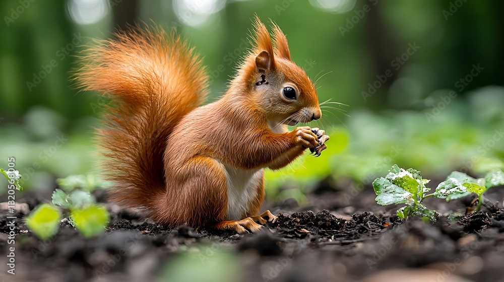 Fluffy Red Squirrel Eating Nut in Green Nature Setting Fluffy Red Squirrel Eating Nut in Green Nature Setting
