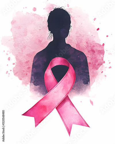 Watercolor painting of a pink ribbon for cancer awareness with a woman's silhouette.