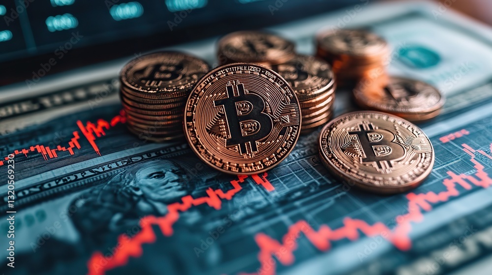 Bitcoin, other crypto coins, and gold lie on a financial chart and US dollar bill, representing modern currency dynamics and investment finance. Bitcoin, other crypto coins, and gold lie on a financial chart and US dollar bill, representing modern currency dynamics and investment finance.