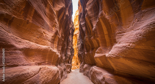 Narrow sandstone slot canyon path with natural rock formations.