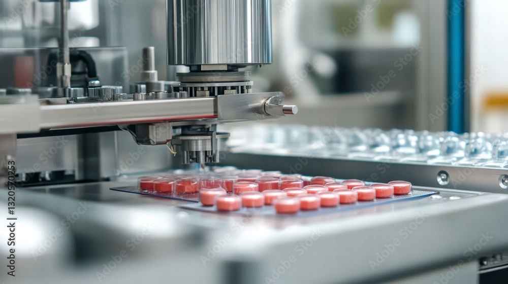 Automated Pharmaceutical Production: A close-up shot of a robotic machine carefully packaging pink pills on a conveyor belt.