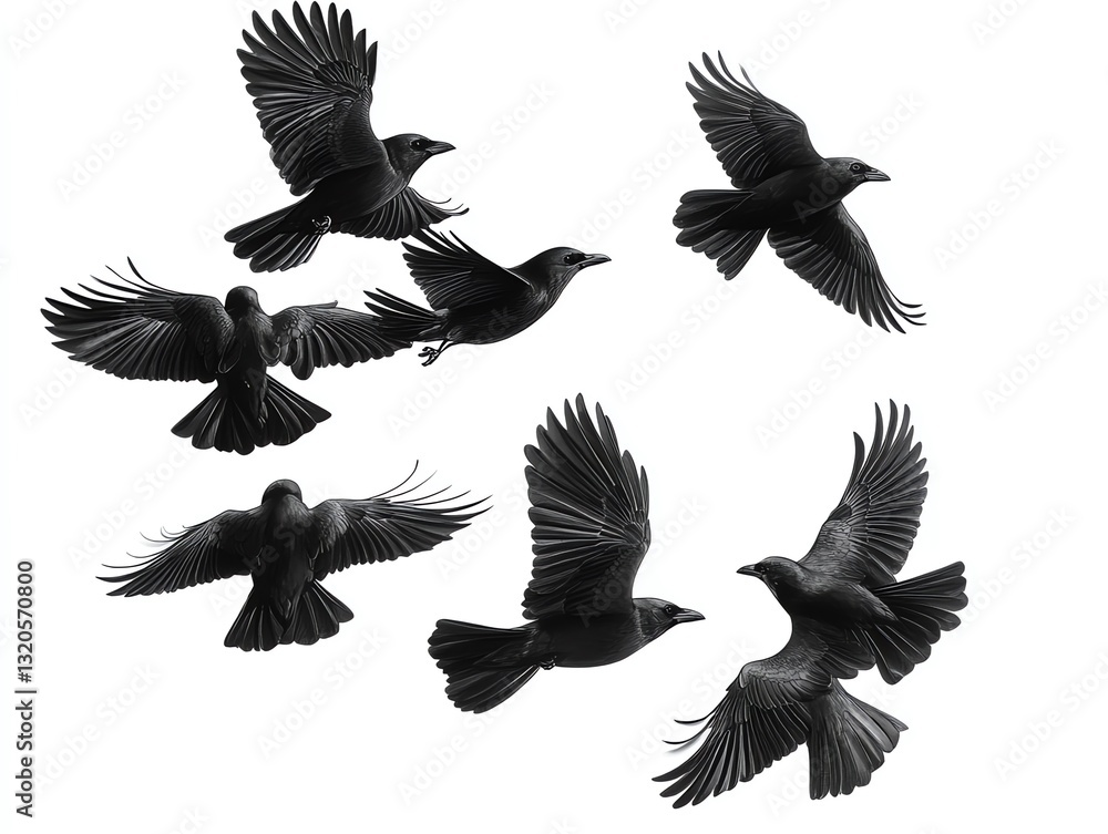 Obraz premium Black Birds Flying in Formation Against White Background