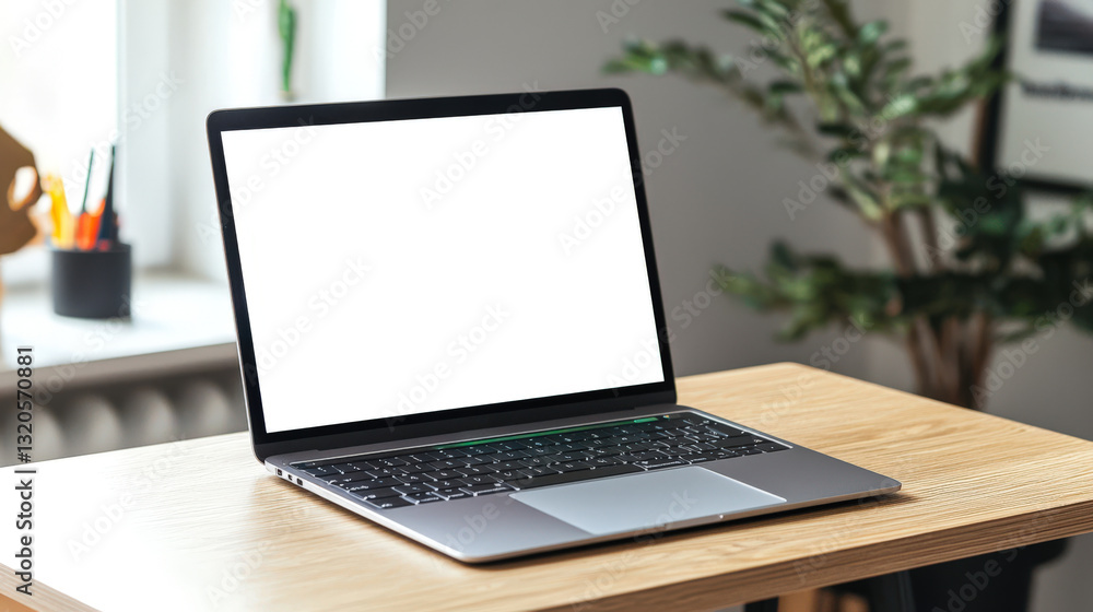 Laptop mockup on a wooden table. An open laptop with an empty white screen with a green plant in the background. Website advertising. A cozy room Laptop mockup on a wooden table. An open laptop with an empty white screen with a green plant in the background. Website advertising. A cozy room
