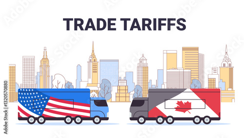 Trucks with US Canada flags depict trade tariffs concept urban skyline background