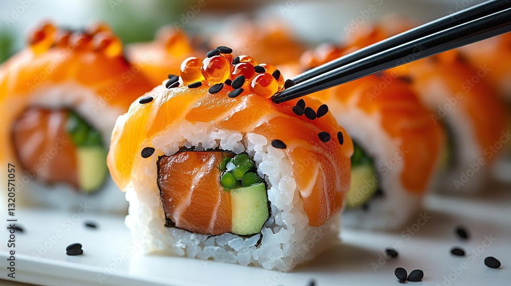 Black chopsticks pick levitating sushi roll with salmon, avocado, tobiko, against clean white background. Black chopsticks pick levitating sushi roll with salmon, avocado, tobiko, against clean white background.