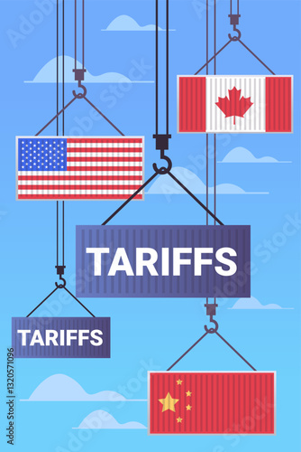 Shipping containers with flags depict trade war concept. Containers suspended by cranes against a blue sky symbolize international tariffs conflict