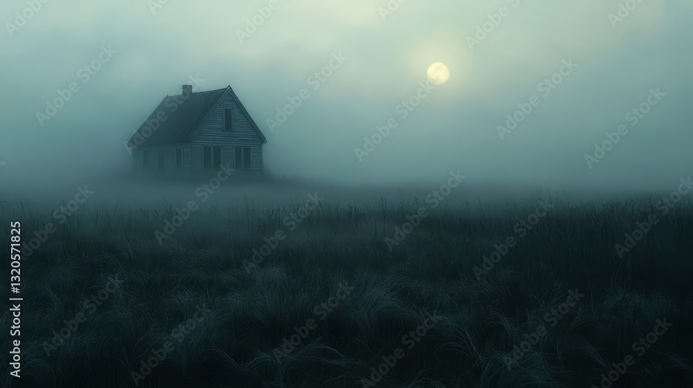 A fog-covered field with a distant house barely visible, creating a sense of isolation and sadness A fog-covered field with a distant house barely visible, creating a sense of isolation and sadness